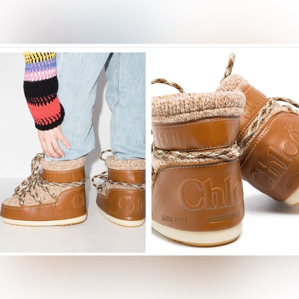NEW Chloe’ X Moon Boot Wool Leather Cognac Ankle Boots 5